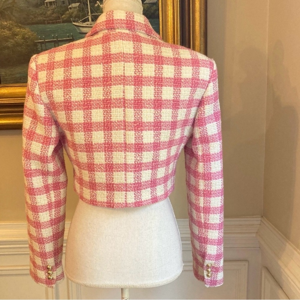 MANGO Pink White Plaid Check Tweed Cropped Blazer Jacket. - Picture 7 of 16